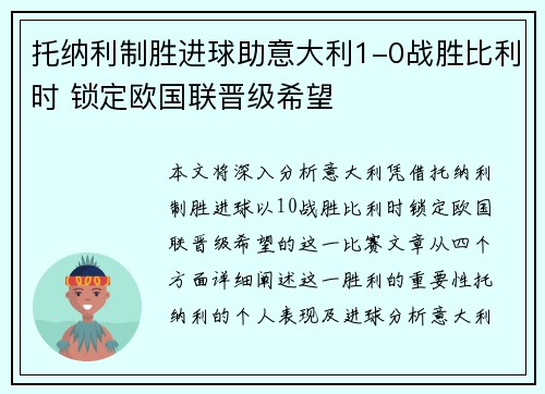 托纳利制胜进球助意大利1-0战胜比利时 锁定欧国联晋级希望